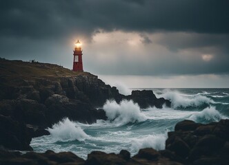 Fototapeta na wymiar A lighthouse shining on a stormy and wavy day 