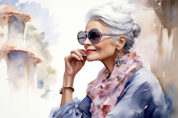 watercolor portrait in soft pastel colors of a modern elegant elderly lady, demonstrating the beauty and charm of old age, the concept of women's day, mother's day and grandmother's day