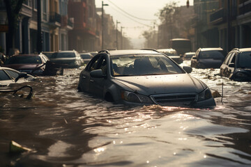 severe flooding on city streets, cars under water