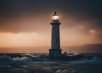A lighthouse shining on a stormy and wavy day
