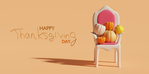 Happy thanksgiving day concept. Chair with pumpkins on a orange background with happy thanksgiving text.