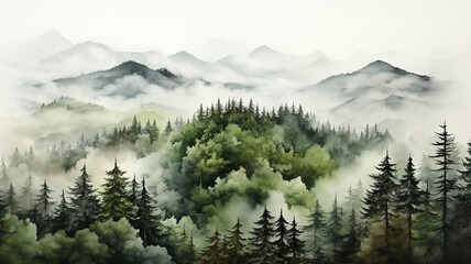 Misty mountains, green forests and fog.