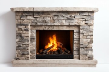 Burning classic Stone fireplace, Isolated on white. background