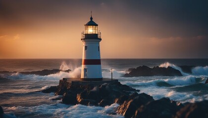 Obraz premium A lighthouse shining on a stormy and wavy day 