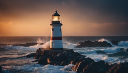 A lighthouse shining on a stormy and wavy day
