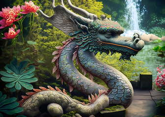 Chinese dragon resting in a tranquil garden by Generative AI 