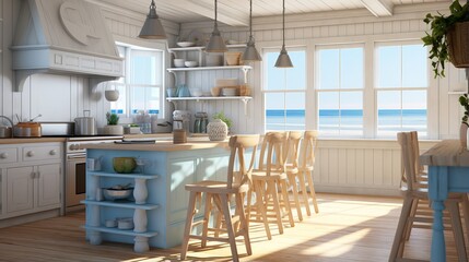 Bright, Airy, and Modern Kitchen Interior with Ocean View in a Coastal Home