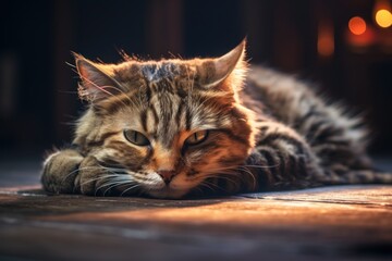 Naklejka premium Cat lying on the floor in a dark room