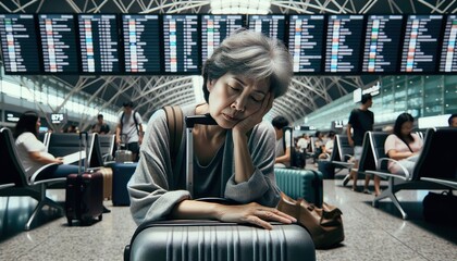 Photo capturing the fatigue of a middle-aged Asian woman with short hair, sitting in a bustling airport environment. A woman fell asleep on her luggage at the airport - obrazy, fototapety, plakaty
