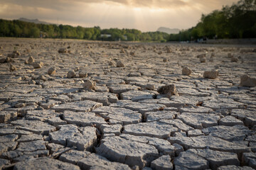  dry cracked earth, or parched river, with dramatic sky and lighting. concept image for Drought,...