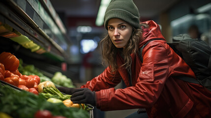 A woman steals vegetables in a grocery store. - obrazy, fototapety, plakaty