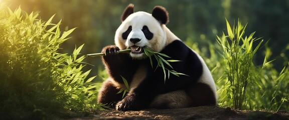 Obraz premium giant panda eating bamboo in the forest 