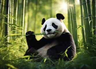 giant panda eating bamboo in the forest