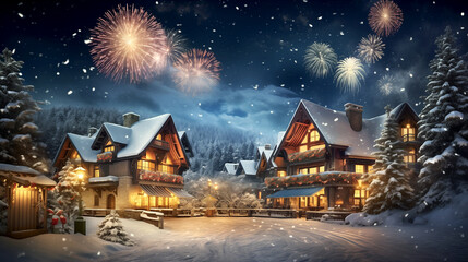 winter house village christmas tree in the snow christmas tree decoration New Year's holiday celebration desktop wallpaper