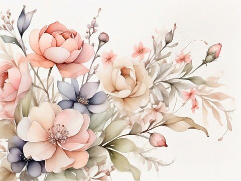 Spring Blooms in Muted Colors on a White Background