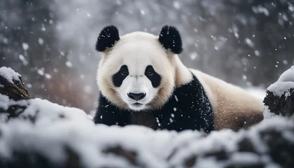 Foto op Canvas portrait of a cute panda bear running in heavy snow  © abu