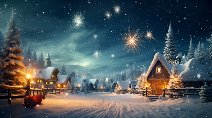 winter house village christmas tree in the snow christmas tree decoration New Year's holiday celebration desktop wallpaper
