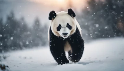 Fotobehang portrait of a cute panda bear running in heavy snow  © abu