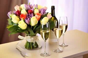 Floral Elegance Meets Bubbly Delight: Champagne and Flowers Grace the Table, Marking a Joyful Celebration where Happiness Blossoms and Laughter Abounds