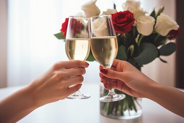 champagne celebration flowers at the table, happy occasion, joyful