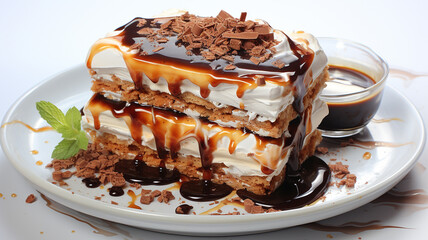 Illustrative depiction of a delicious dessert on a white background, rich with sugary delights, caramel, chocolate and soft vanilla ice cream. 