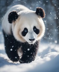 Fototapeta premium portrait of a cute panda bear running in heavy snow 