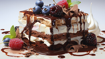 Illustrative depiction of a delicious dessert on a white background, rich with sugary delights, caramel, chocolate and soft vanilla ice cream. 