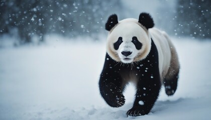 portrait of a cute panda bear running in heavy snow
