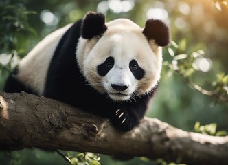 portrait of a lazy panda sleeping on a tree branch
