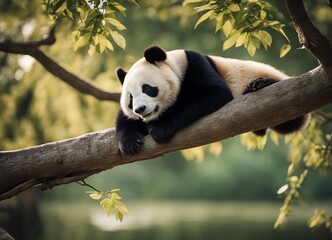 Obraz premium portrait of a lazy panda sleeping on a tree branch 