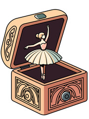 Ballerina dancer figure in a music box stock vector image, Classic wooden music box with intricate carvings, a winding key on the side, and a dancing ballerina figure on top stock vector image © VectorTrace.com