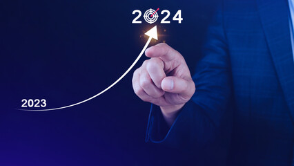 2024 Business Planning, Strategy, creative, Idea concept, Businessman pointing chart graph with...