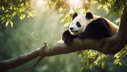 Schilderijen op glas portrait of a lazy panda sleeping on a tree branch  © abu