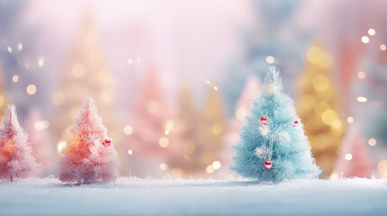 Fototapeta na wymiar Christmas and New Year background with Christmas tree, snow and bokeh