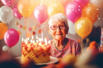 Deurstickers Cheerful senior woman celebrating her birthday. Grandma looking at birthday cake with lit candles, colorful balloons on background © Enigma