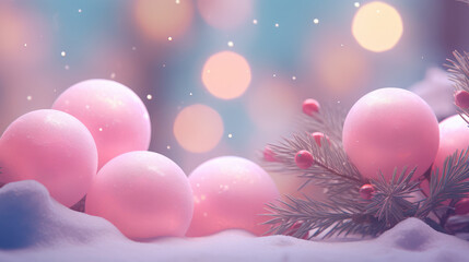 Christmas and New Year background with pink baubles, snow and bokeh