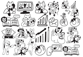 Obraz premium set of cat characters in vector. business icon in doodle style. linear illustration infographics. Template for logo sticker poster icon app website. Business icon series