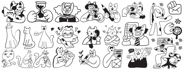 set of cat characters in vector. business icon in doodle style. linear illustration infographics. Template for logo sticker poster icon app website. Business icon series