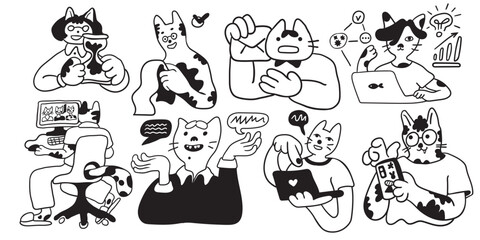 set of cat characters in vector. business icon in doodle style. linear illustration infographics. Template for logo sticker poster icon app website. Business icon series