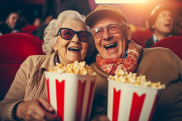 Happy senior couple with popcorn at cinema - obrazy, fototapety, plakaty