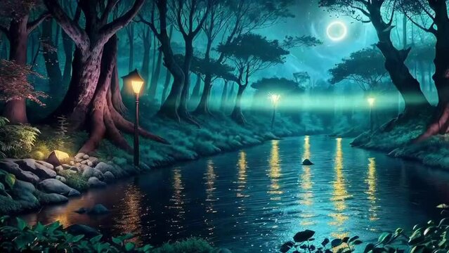 Night mystical scenery. Magic forest landscape of Full moon over the foggy river with boat and its reflection in the still water. Fairytale forest with unreal blue lightning