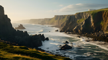 Obraz premium A photo of the rugged coastline, with dramatic cliffs as the background, during the golden hour