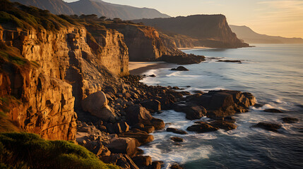 Fototapeta na wymiar A photo of the rugged coastline, with dramatic cliffs as the background, during the golden hour