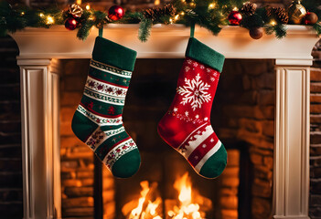 Christmas socks hanging on fireplace close-up.