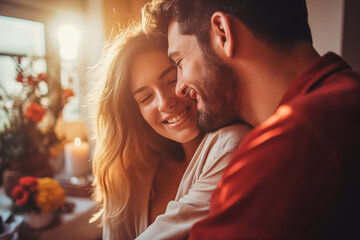 Happy Couple in love hugging at home and celebrating Valentine's Day