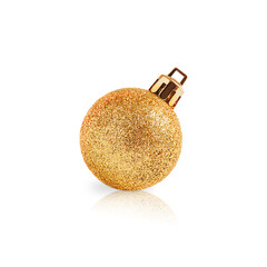 Single traditional glittering christmas bauble of round sphere shape of shiny sparkling golden colour made of glass isolated on white background used as new year design element for winter holidays
