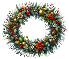 Fototapeta na wymiar Floral Christmas Wreath with Holiday Ornaments