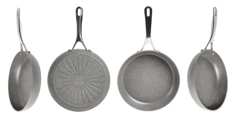 Big set of frying pans with non-stick coating on a white isolated background. New gray frying pans,...