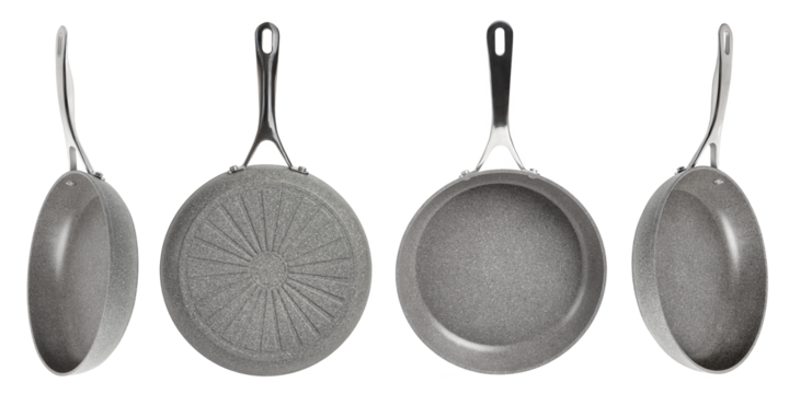 Big set of frying pans with non-stick coating on a white isolated background. New gray frying pans, clipart for inserting into a design or project. Overlay for kitchen theme. Different angle