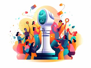 abstract illustration style icon of a a microphone or a podium with a crowd of people laughing, World voice day celebration, Generative Ai 